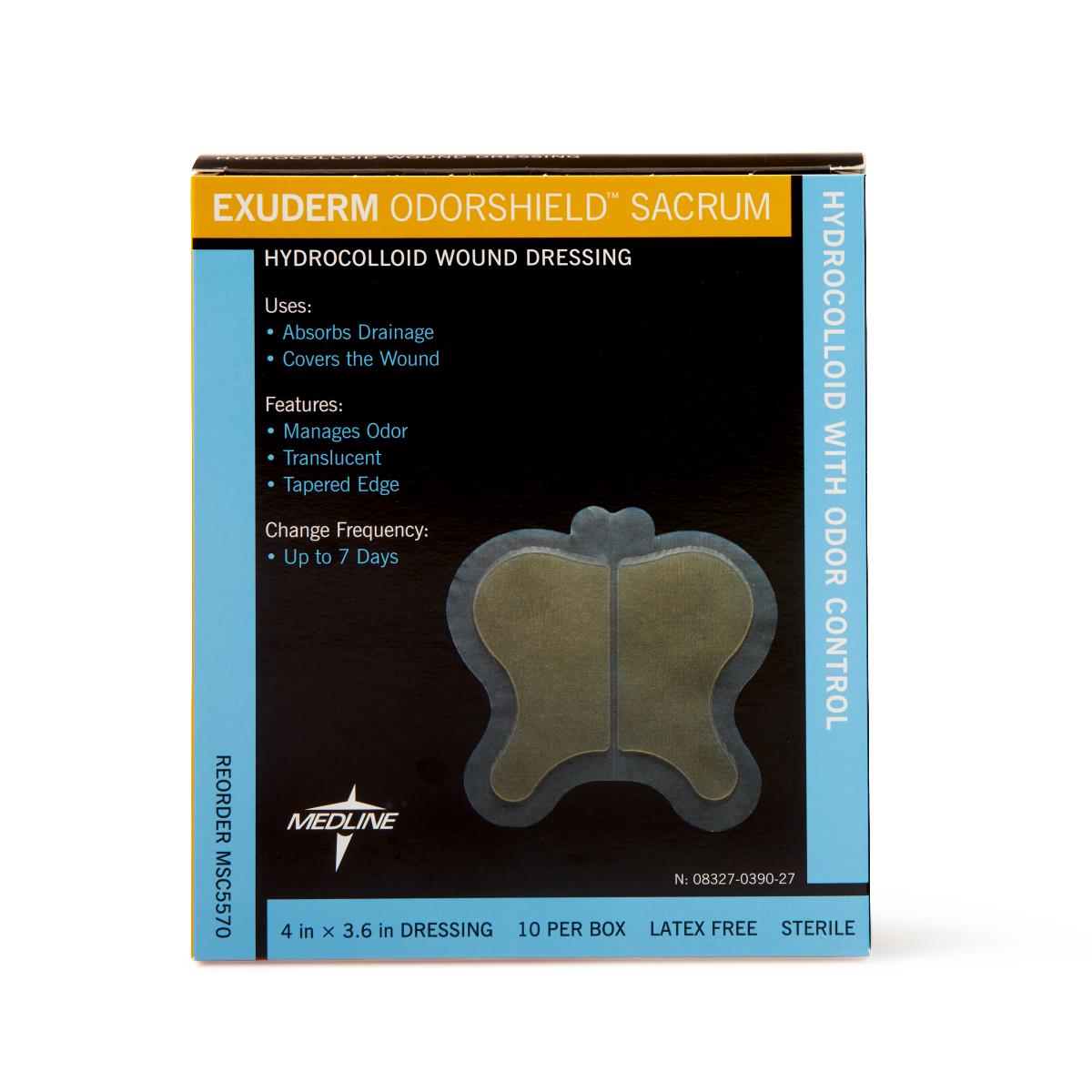 Hydrocolloid sacrum wound dressing box showing butterfly-shaped dressing, black and teal packaging, latex free, sterile, 10