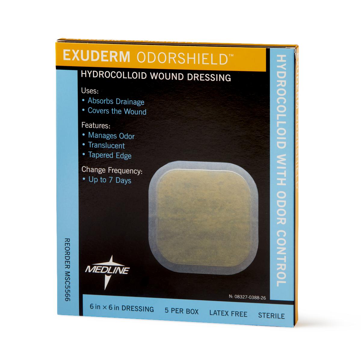 Exuderm OdorShield hydrocolloid wound dressing box showing a translucent square dressing, latex free, sterile, 5 per box