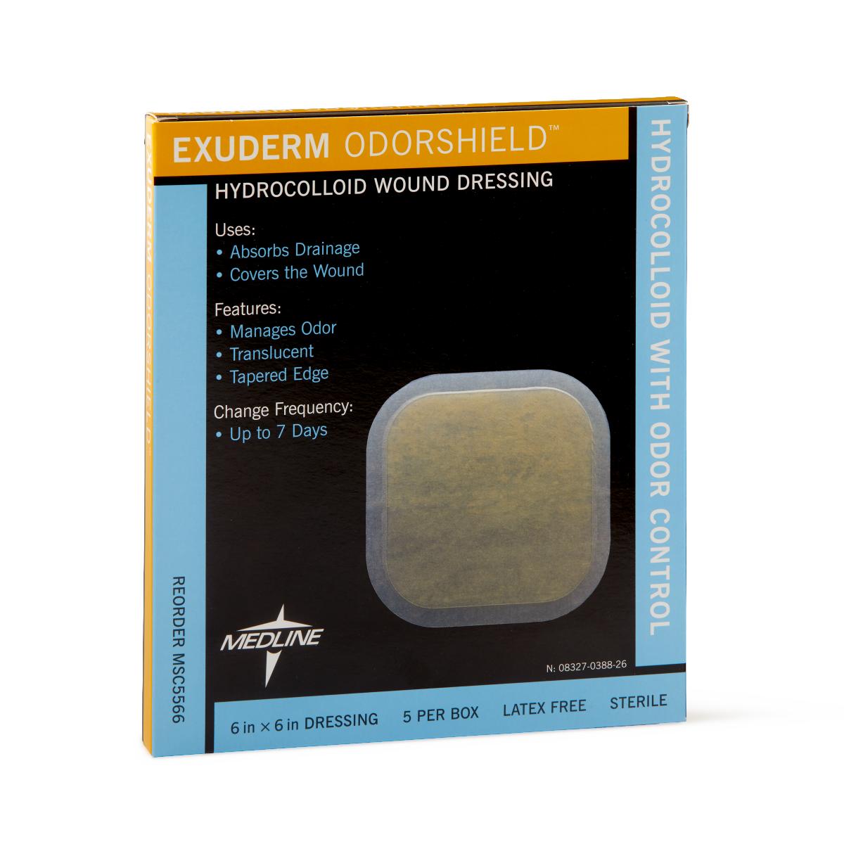 Hydrocolloid wound dressing box showing a square translucent dressing with tapered edges, black and blue packaging, 5 per box