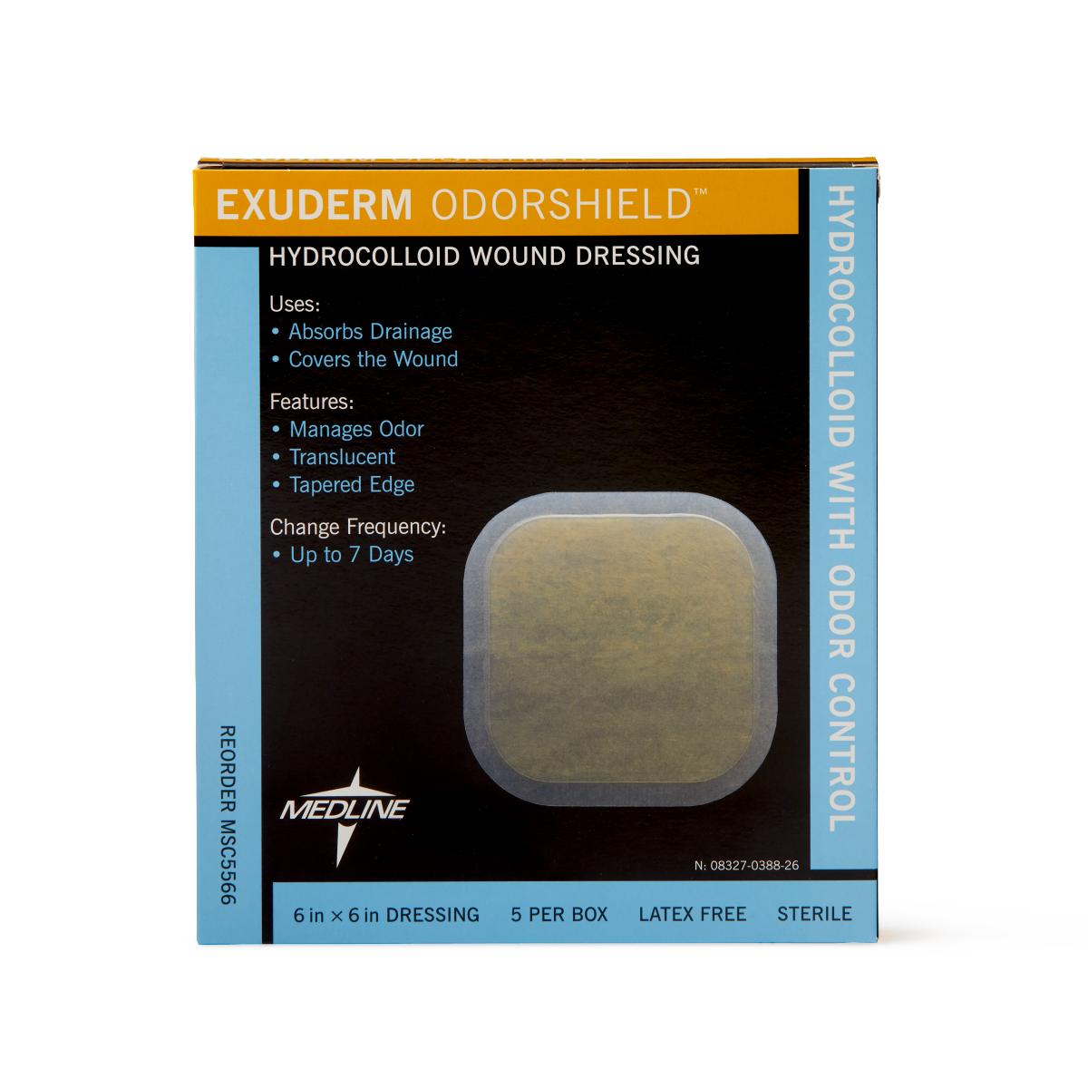 Exuderm OdorShield hydrocolloid wound dressing box showing a translucent square dressing with tapered edges, 6x6 in, 5 per
