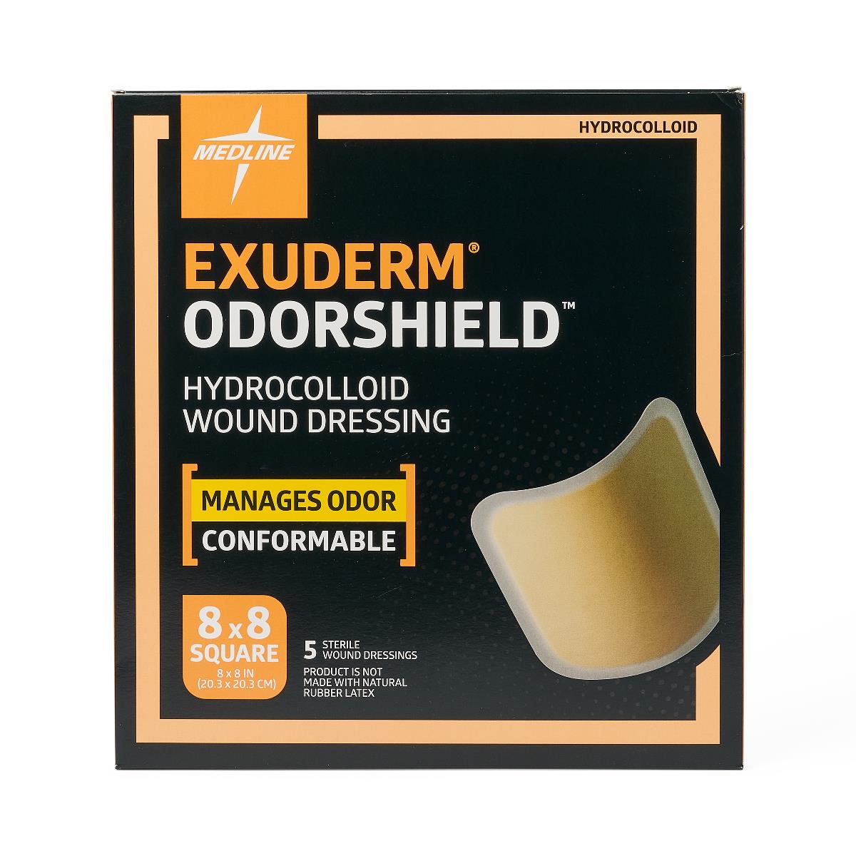 Hydrocolloid wound dressing box showing Exuderm OdorShield 8x8 inch square dressings, 5 count, black and orange packaging
