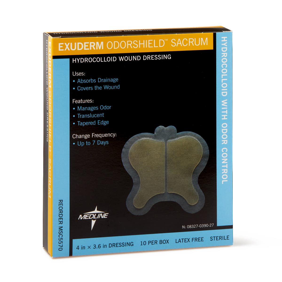 Hydrocolloid sacrum wound dressing box showing butterfly-shaped dressing, latex free, sterile, 10 per box