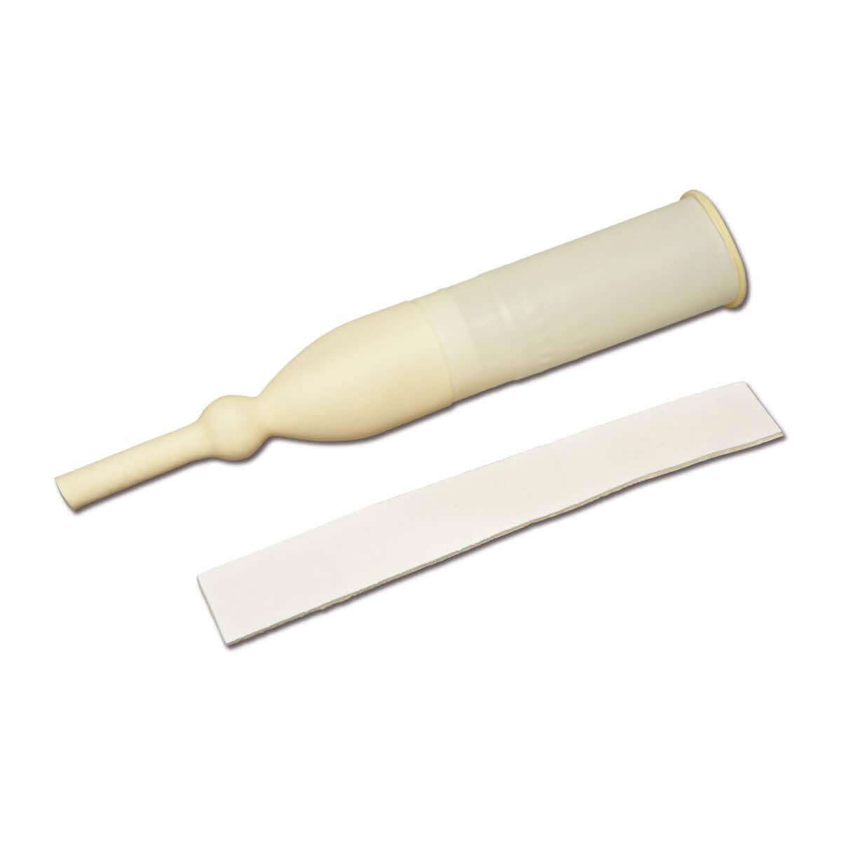 External male latex catheter with adhesive foam securing strip, shown unrolled on white background