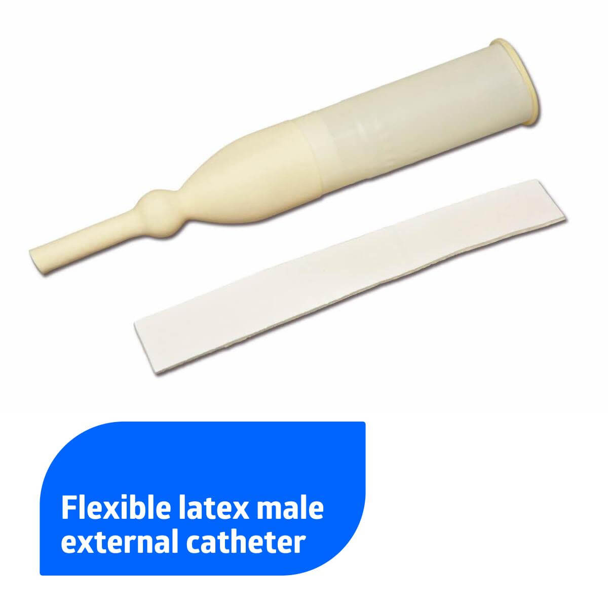 Male external latex catheter shown with adhesive strip on white background
