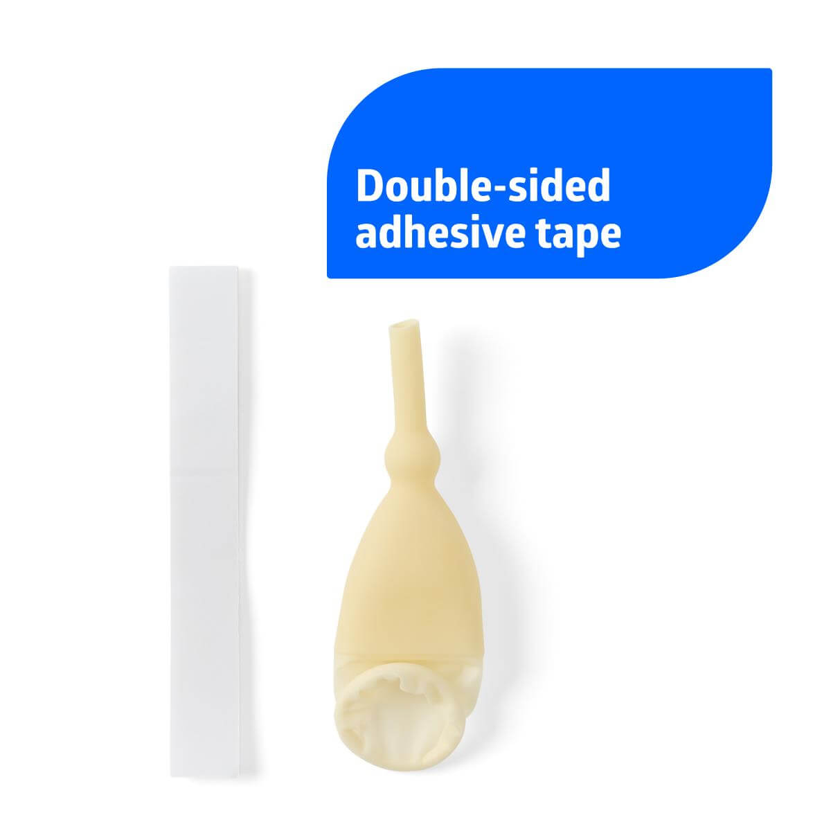 External male latex catheter shown with double-sided adhesive tape strip on white background