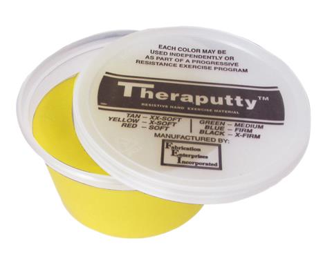 Theraputty Standard Exercise Putty in yellow soft resistance level, shown in open round container with labeled lid