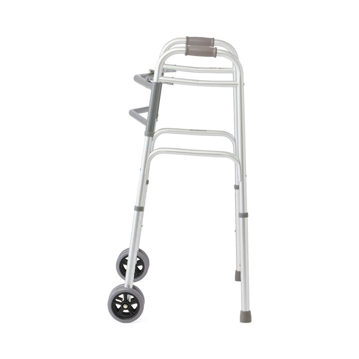 Folding walker with front wheels, gray padded handles, height-adjustable aluminum frame, and rubber rear leg tips, shown at