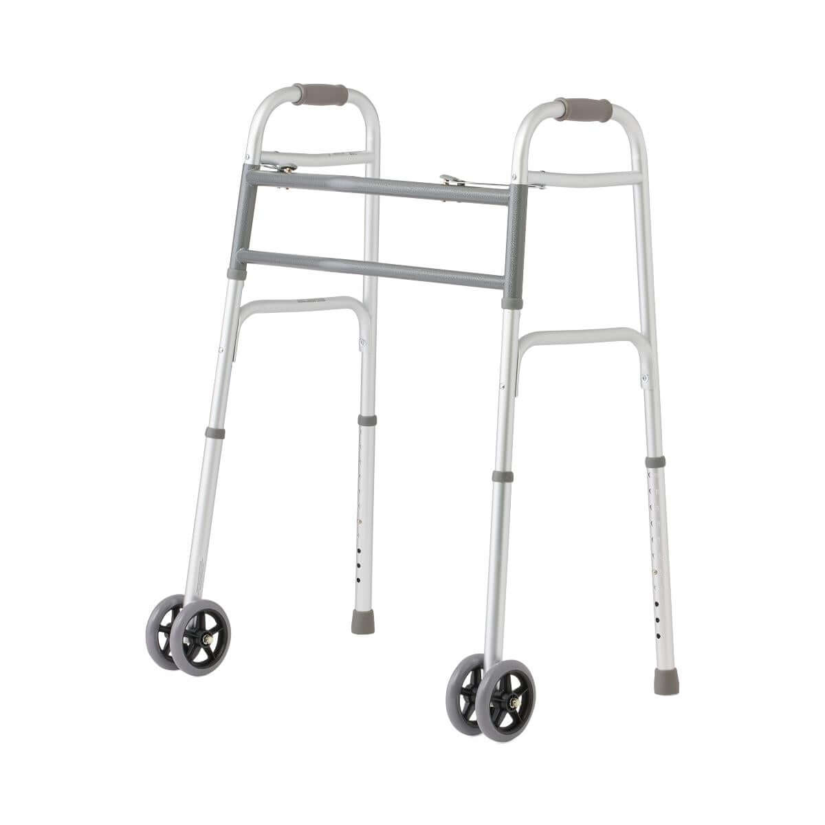 Folding walker with front wheels, gray padded handles, cross-brace frame, height-adjustable legs, and rubber rear tips on