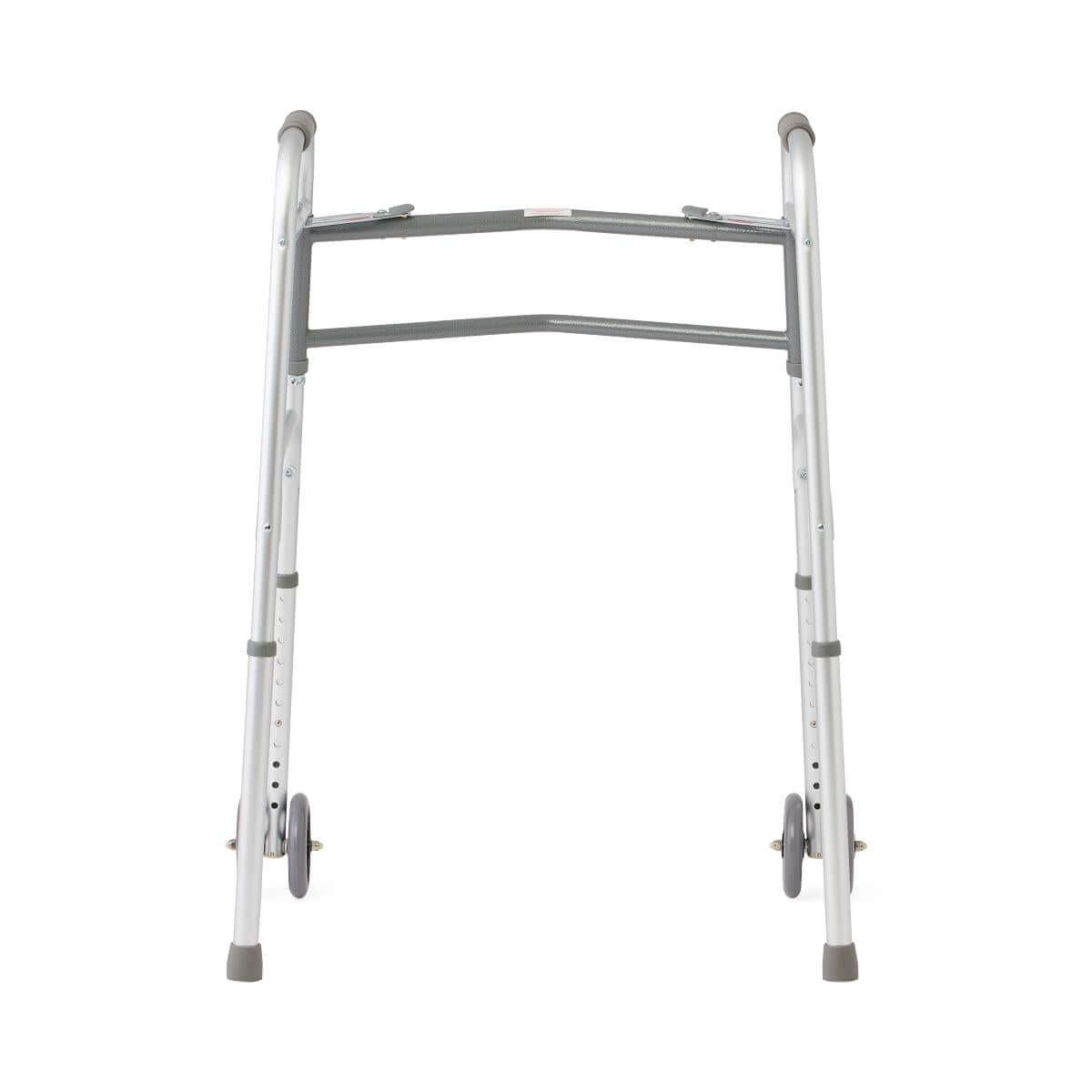 Folding bariatric walker with front wheels, height-adjustable silver aluminum frame, gray rubber tips and grip handles