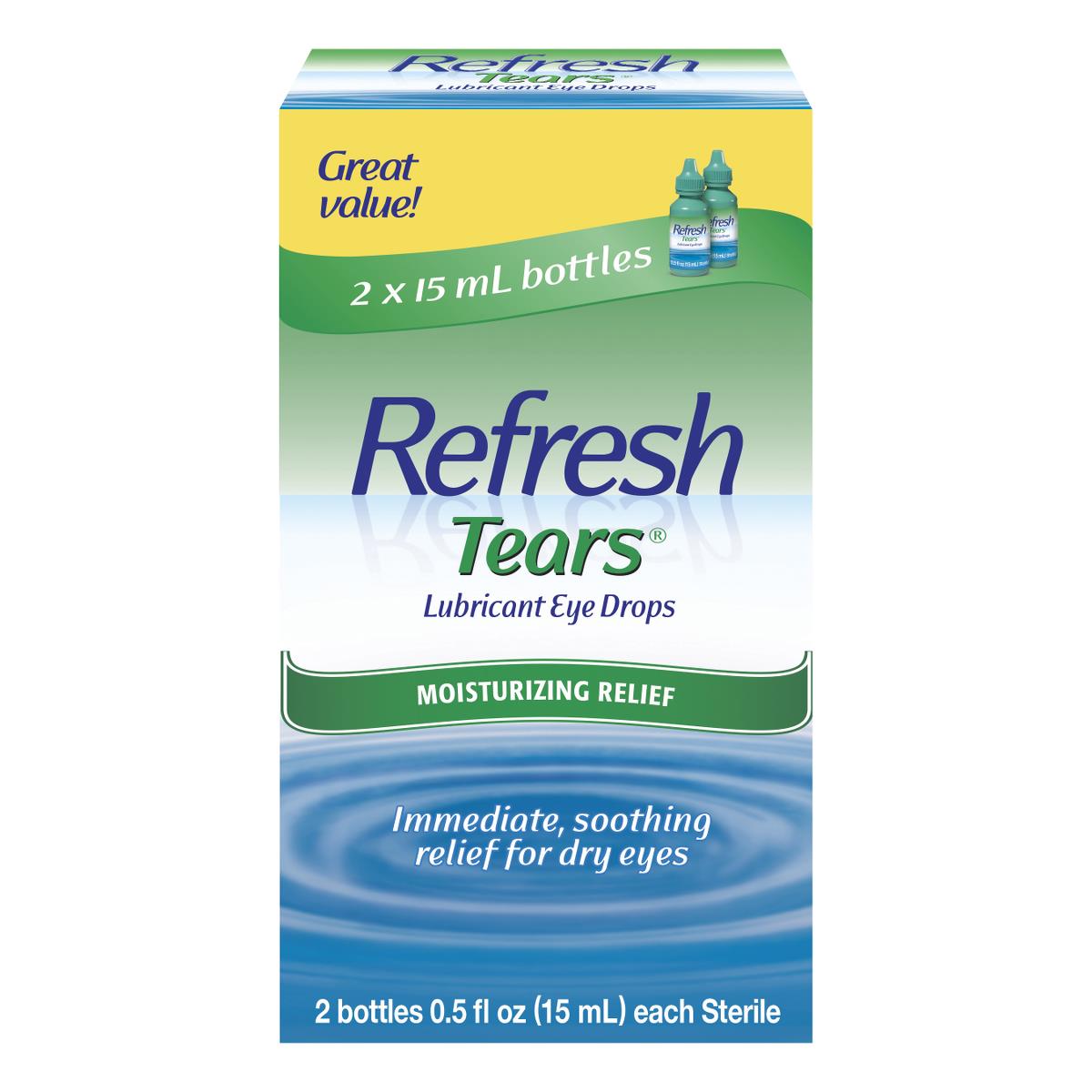 Lubricant eye drops two-pack box of Refresh Tears, green and blue packaging, 2 x 15 mL bottles shown on white background
