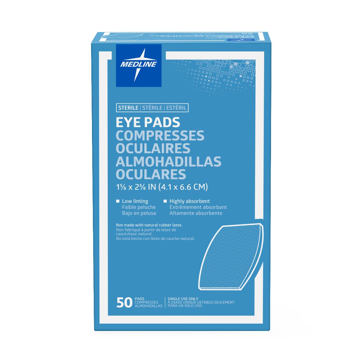 Sterile eye pads box by Medline, blue packaging, 50-count, single-use, low-linting and highly absorbent, latex-free