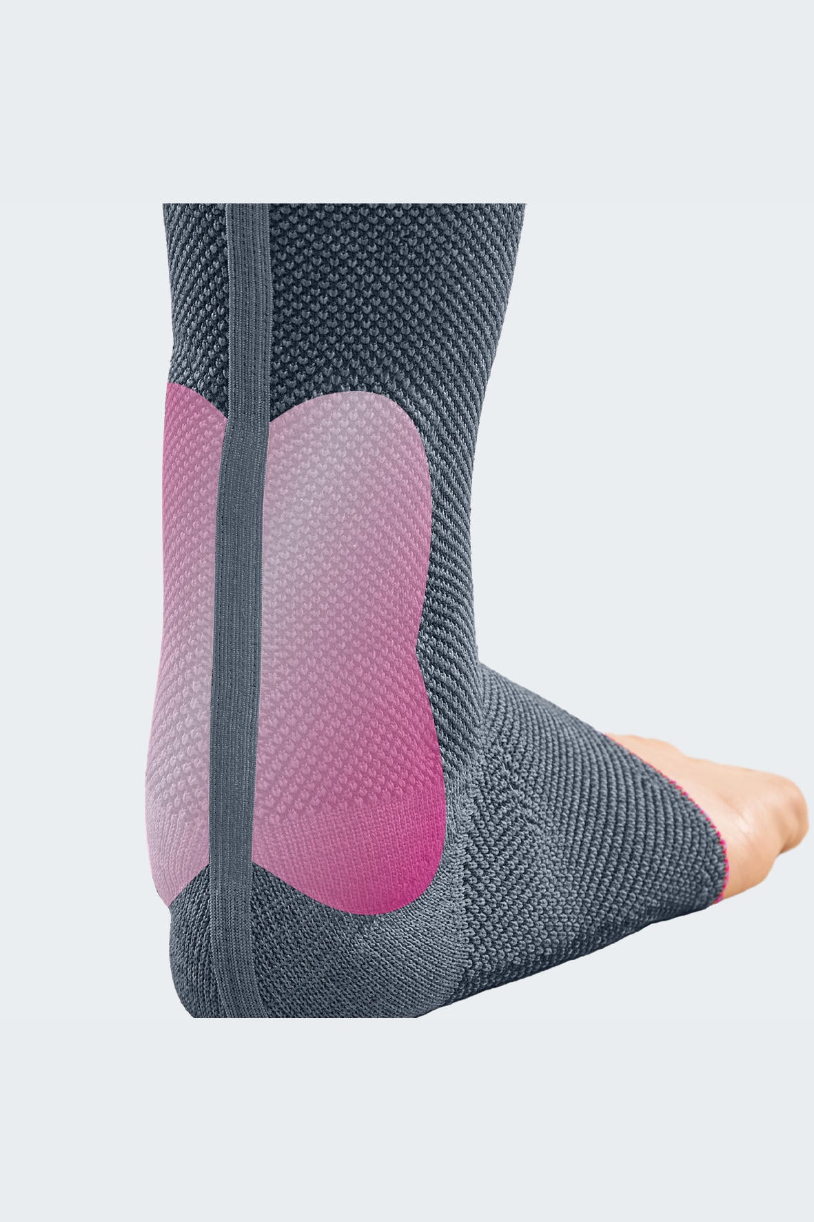 Achimed ankle support in gray knit fabric with pink gel ankle pad, worn on a foot and lower leg