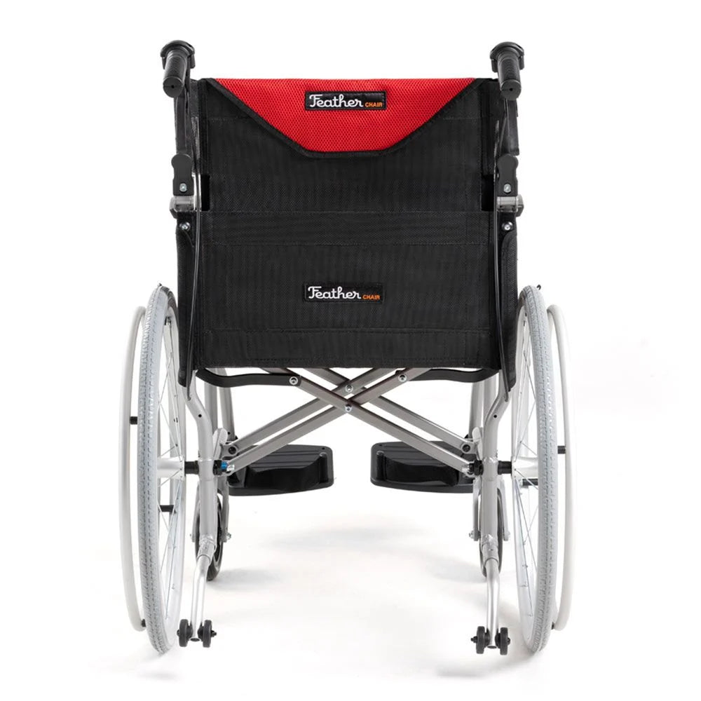 Feather Chair lightweight folding wheelchair rear view with black mesh back, red accent panel, silver frame, and white spoke