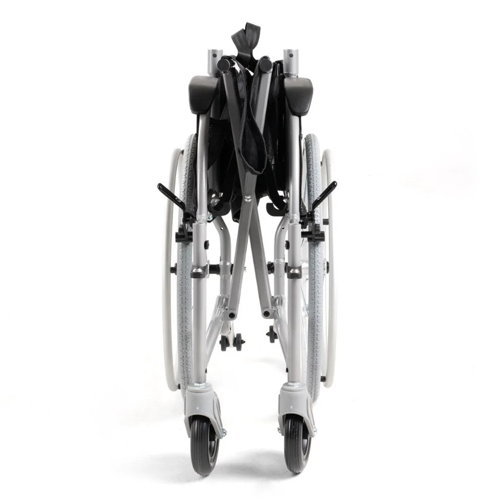 Lightweight wheelchair folded flat, front view, silver aluminum frame with black upholstery and gray rear wheels