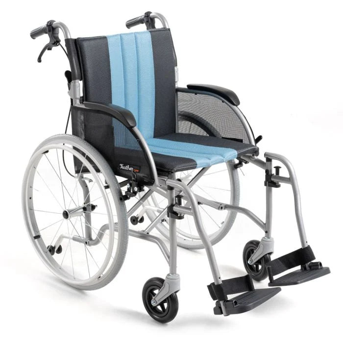 Lightweight wheelchair with silver frame, blue and black mesh upholstery, large rear wheels, and swing-away footrests