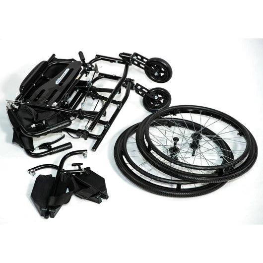Lightweight wheelchair disassembled into frame, two large rear wheels, front casters, and footrests on white background
