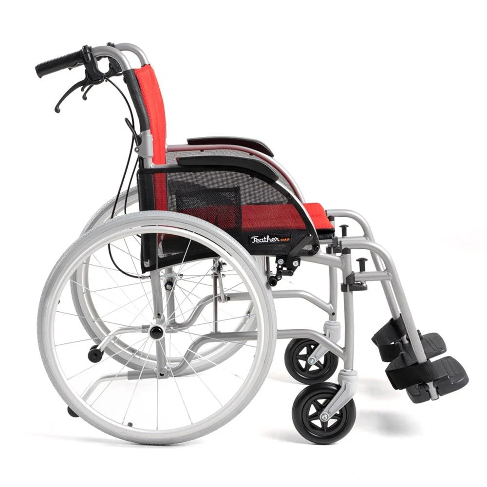 Lightweight wheelchair with red and black mesh upholstery, silver aluminum frame, push handles, swing-away footrests, side