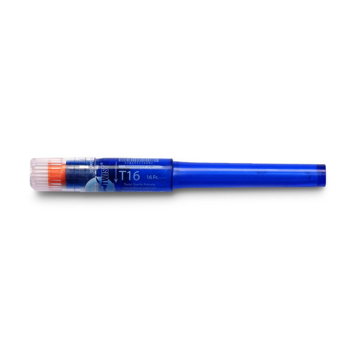 Cure Twist female intermittent catheter in blue packaging with straight tip, 16 Fr, shown in sealed tube packaging
