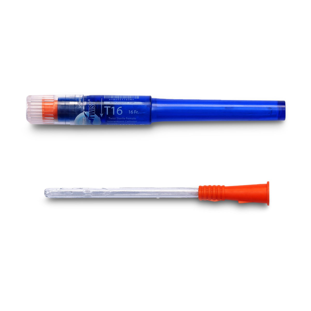 Intermittent urethral catheter with blue compact packaging and clear catheter with orange connector shown above and below