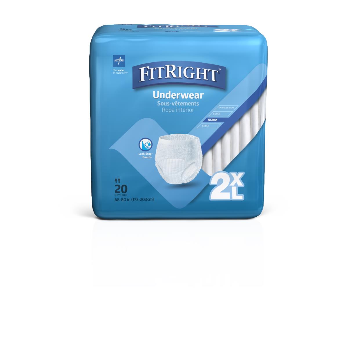 Protective underwear in blue FitRight packaging, size 2XL, 20-count pack with product illustration on front