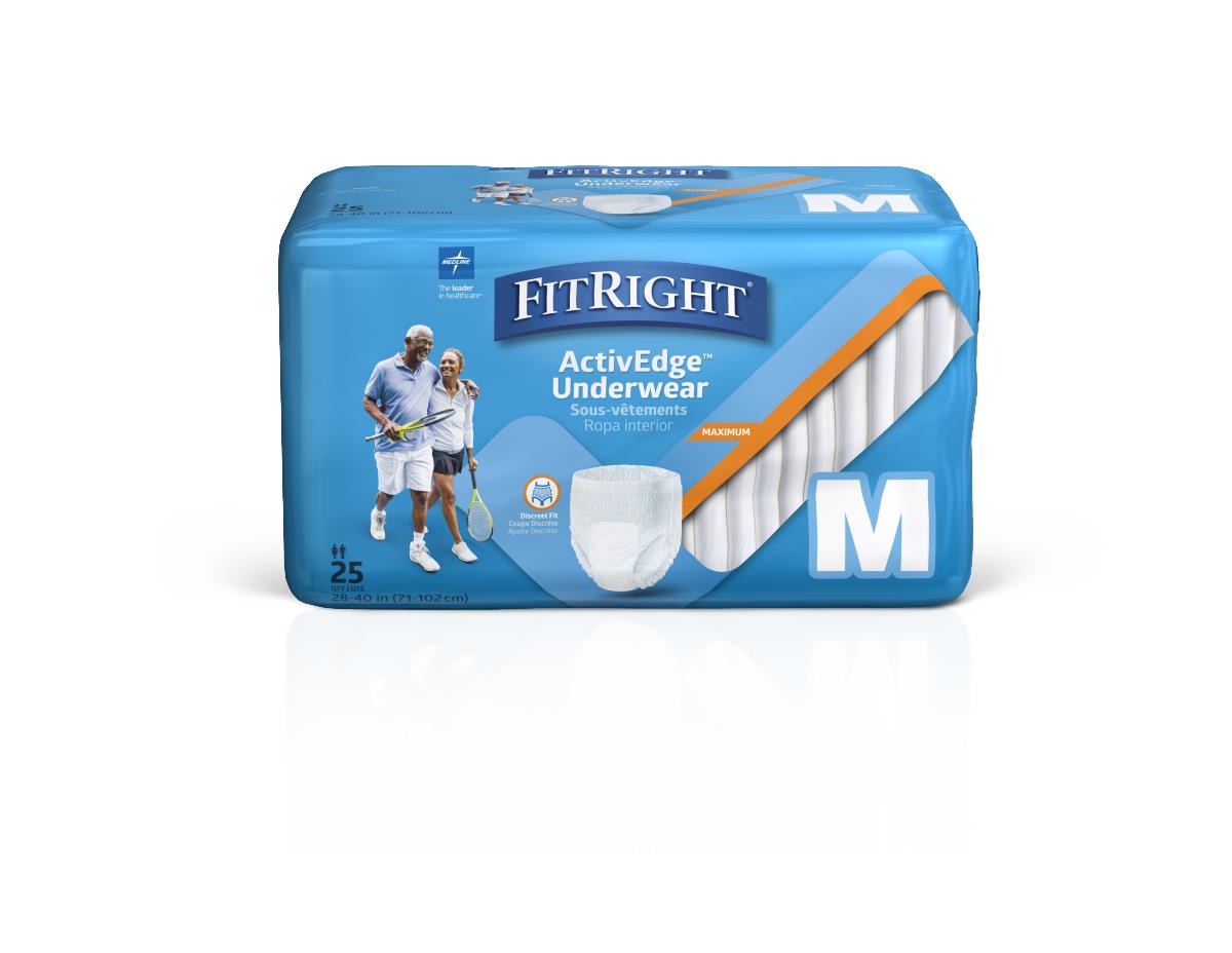 Protective underwear package in blue, size medium, 25-count, with couple playing tennis on front panel