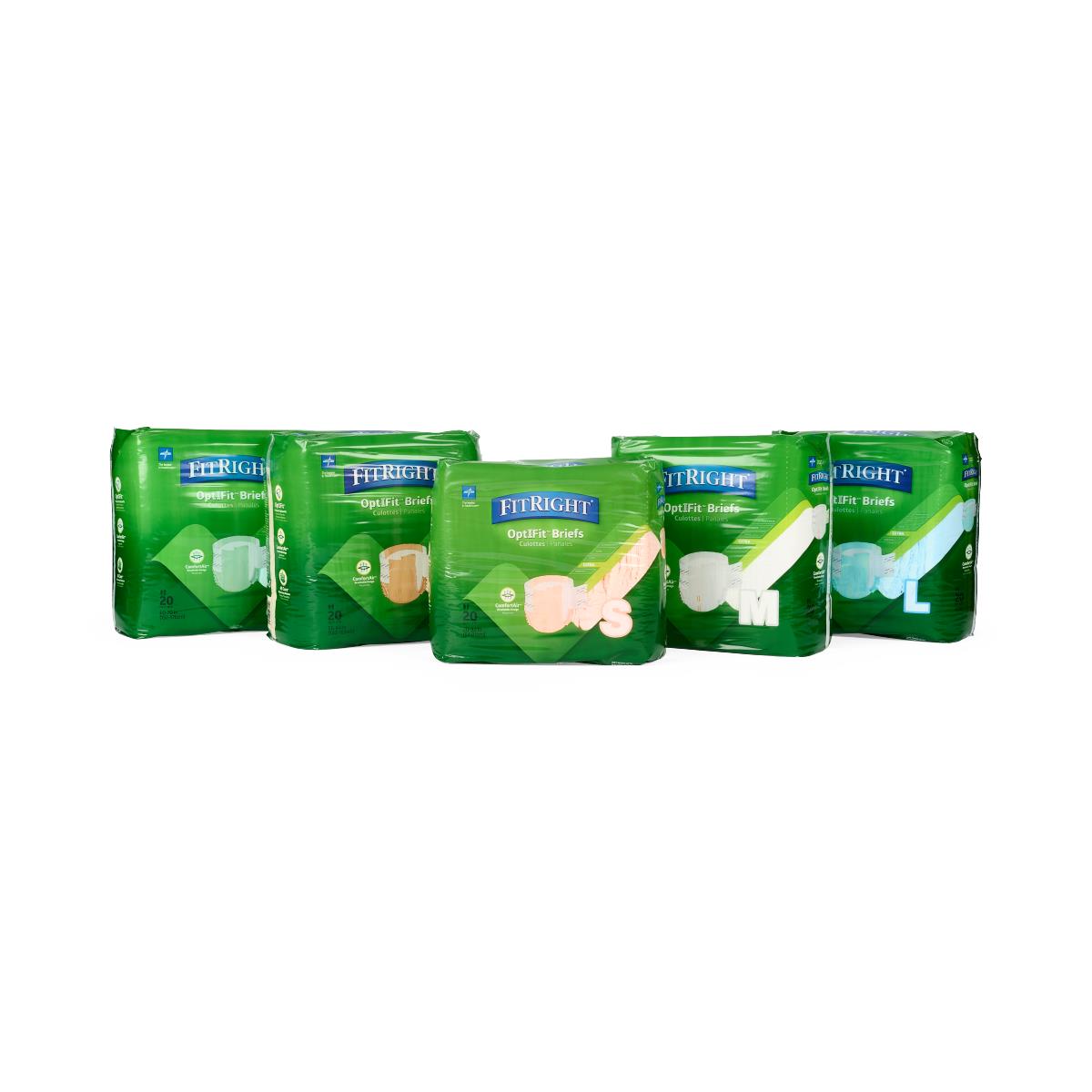 FitRight Extra Incontinence Briefs in five green packages displayed in a row showing sizes S, M, and L