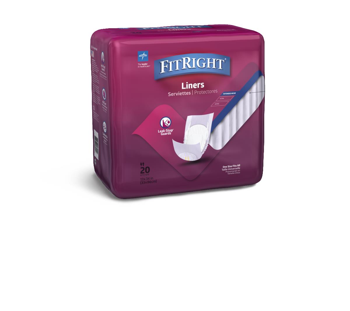 FitRight Incontinence Liners in burgundy packaging, 20-count, one size fits all, with liner illustration on front