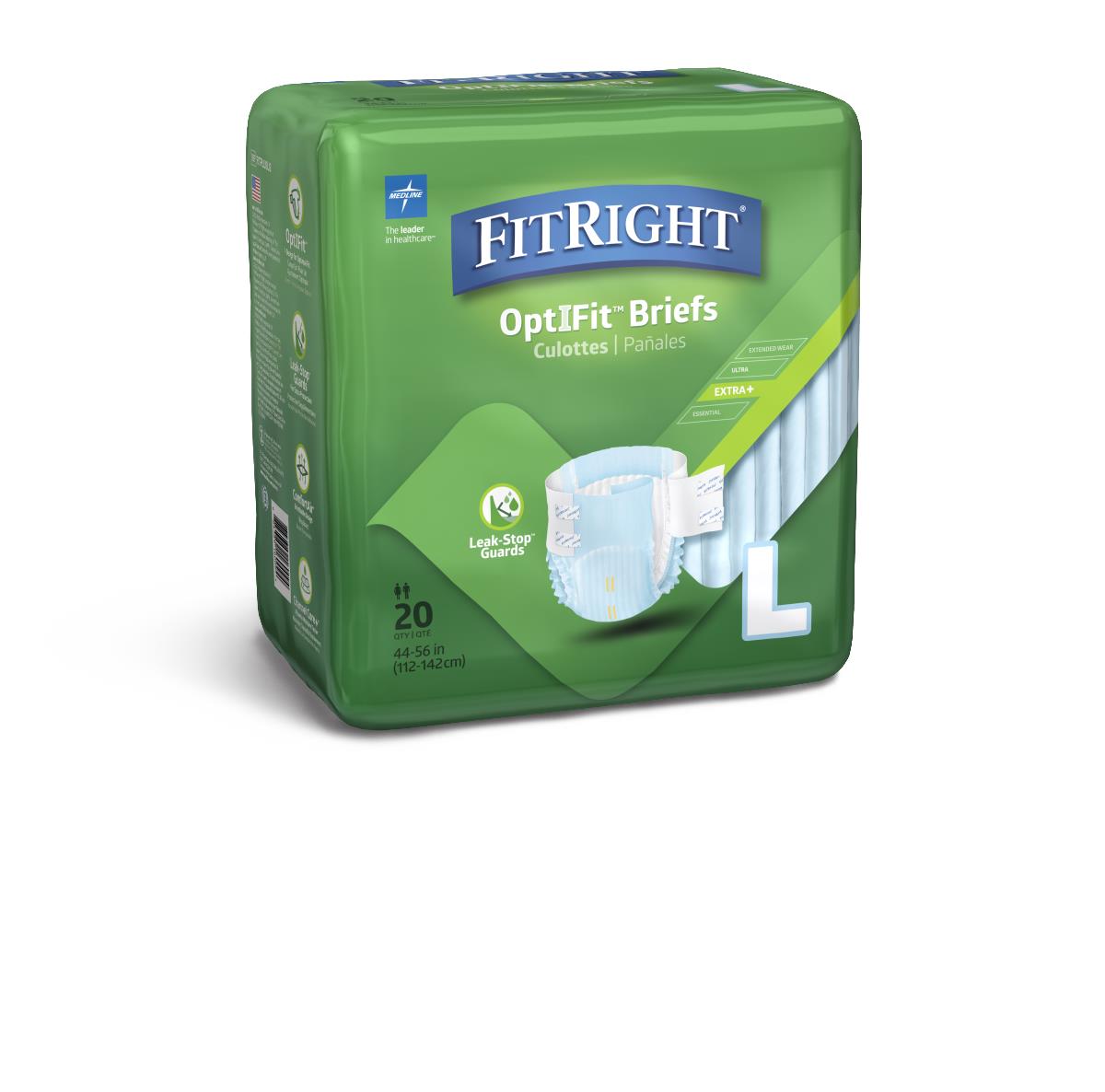 FitRight OptIFit incontinence briefs in green packaging, size large, count of 20, Extra+ absorbency level