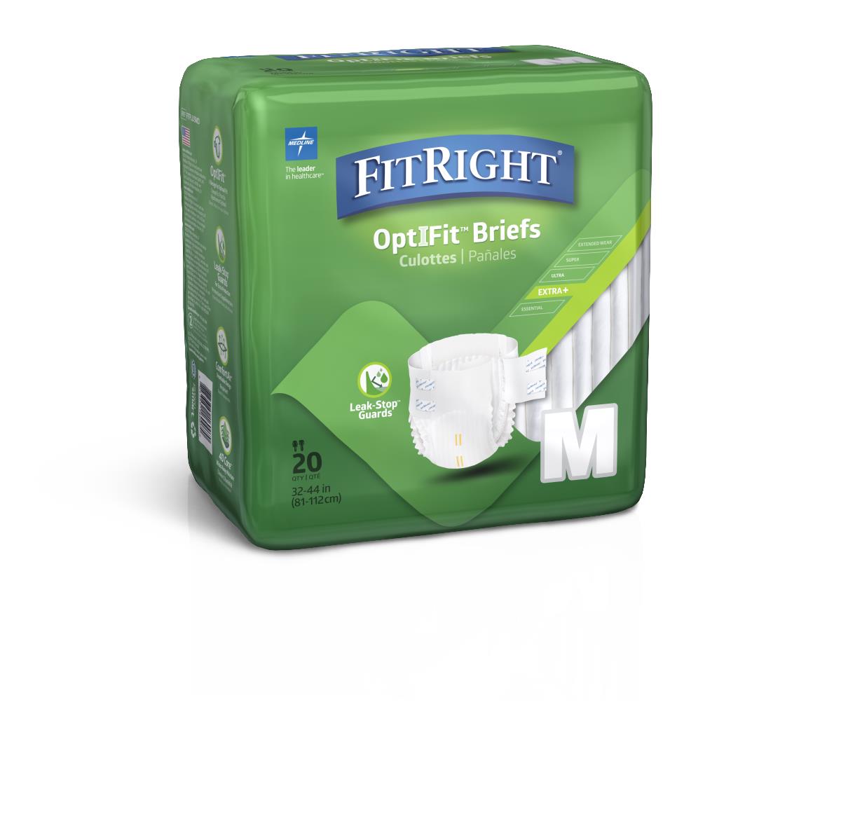 Adult incontinence brief package in green, FitRight OptIFit medium size, 20 count, Extra+ absorbency level