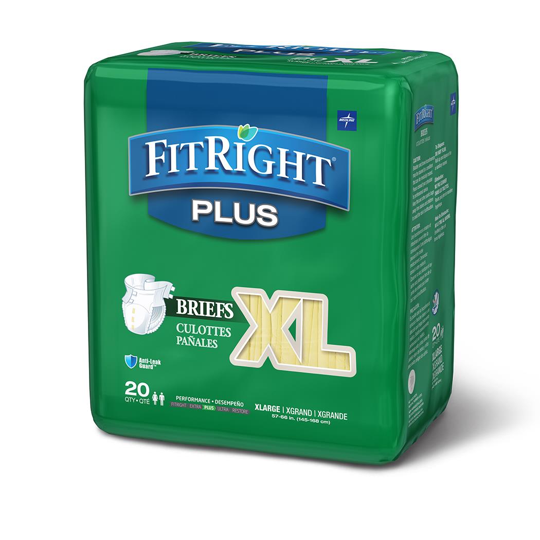 FitRight Plus adult incontinence briefs in green packaging, XL size, 20 count