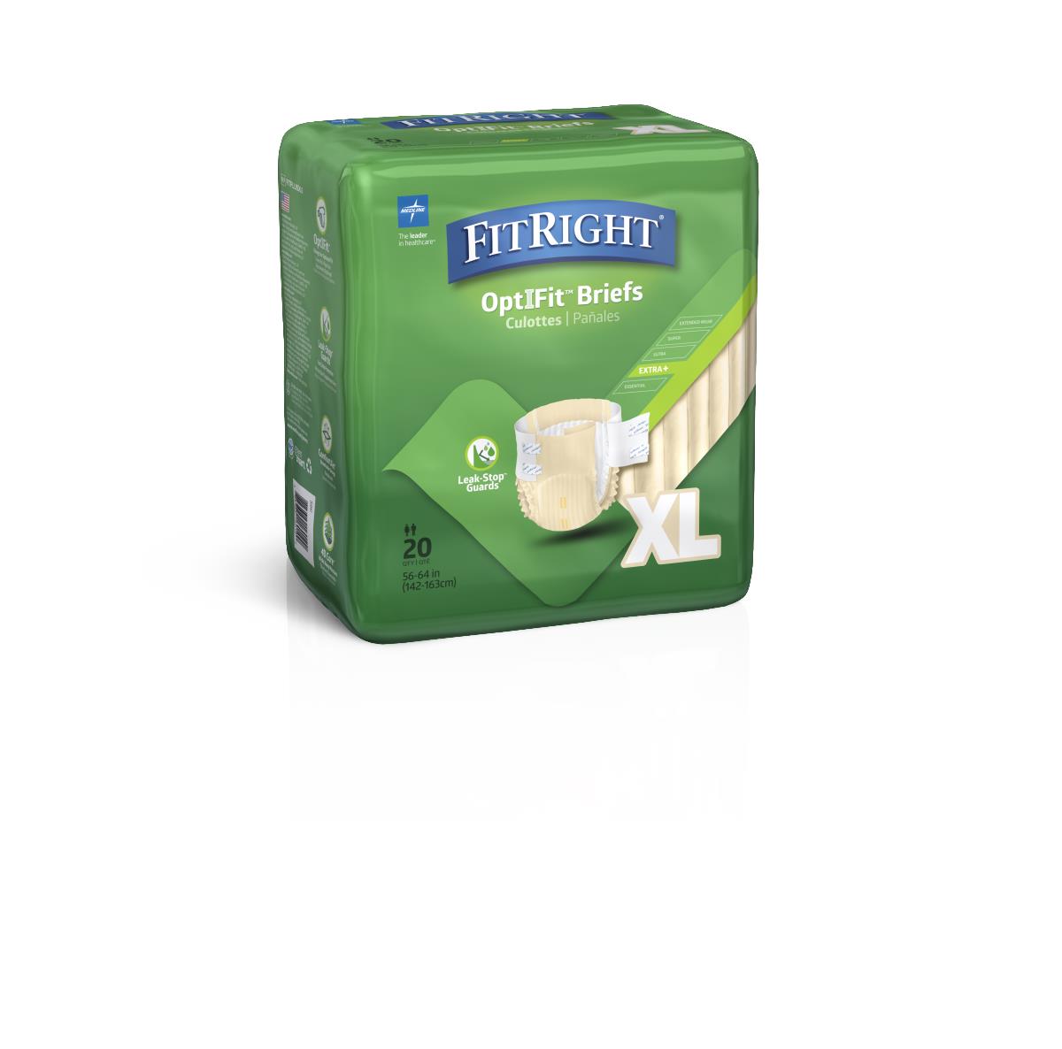 FitRight OptIFit incontinence briefs in green XL package, 20 count, with brief illustration on front