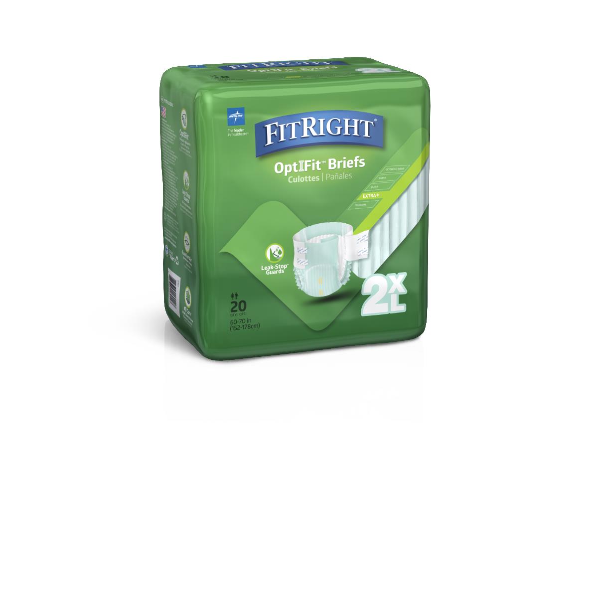 Adult incontinence briefs package, green bag labeled FitRight OptIFit size 2XL, count of 20, with brief illustration on front