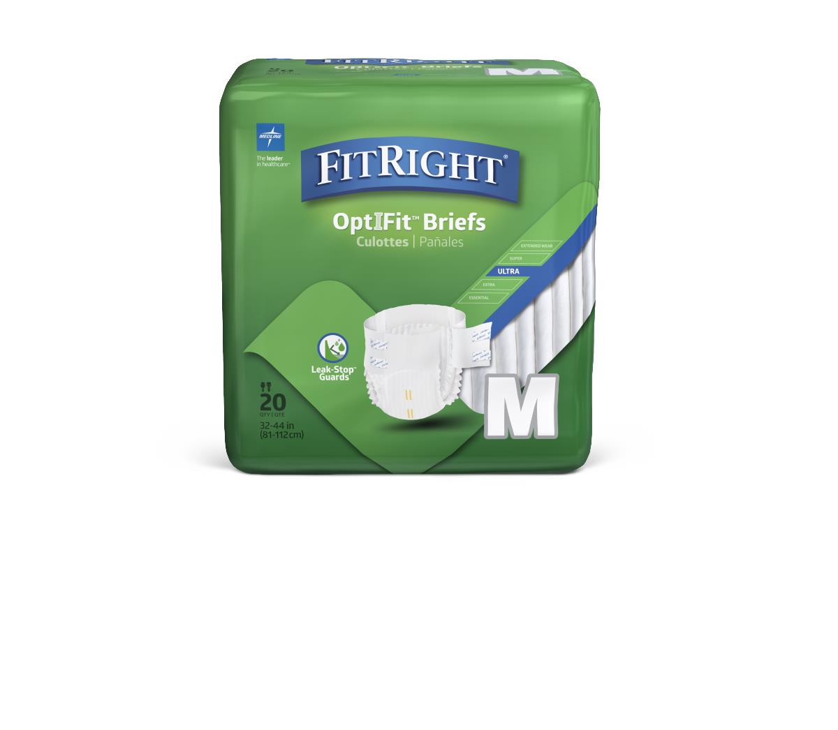 Adult incontinence briefs in green FitRight Ultra packaging, Medium size, 20-count bag with brief illustration on front