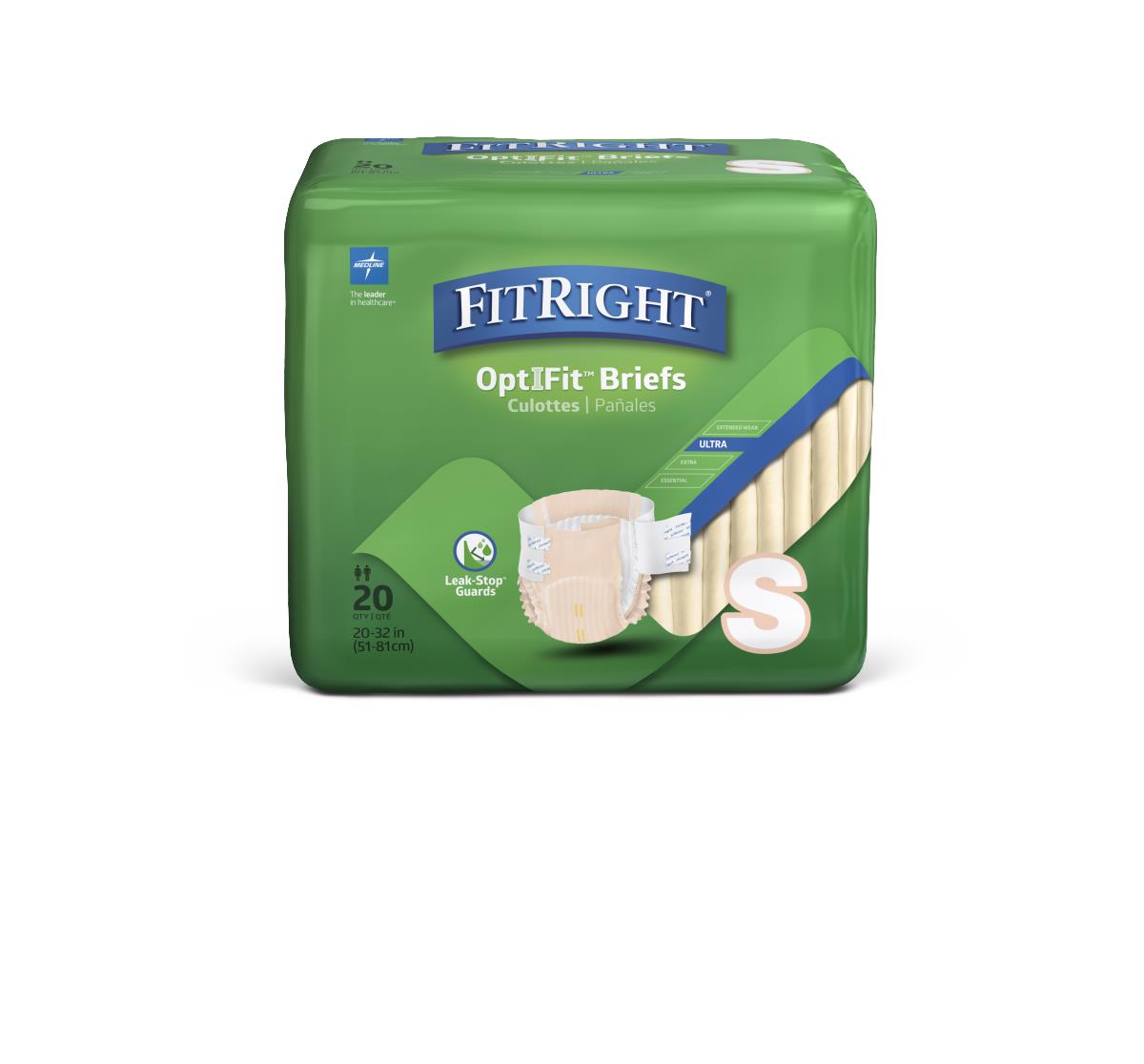 FitRight OptiFit Ultra Incontinence Briefs in green packaging, size small, 20 count per bag