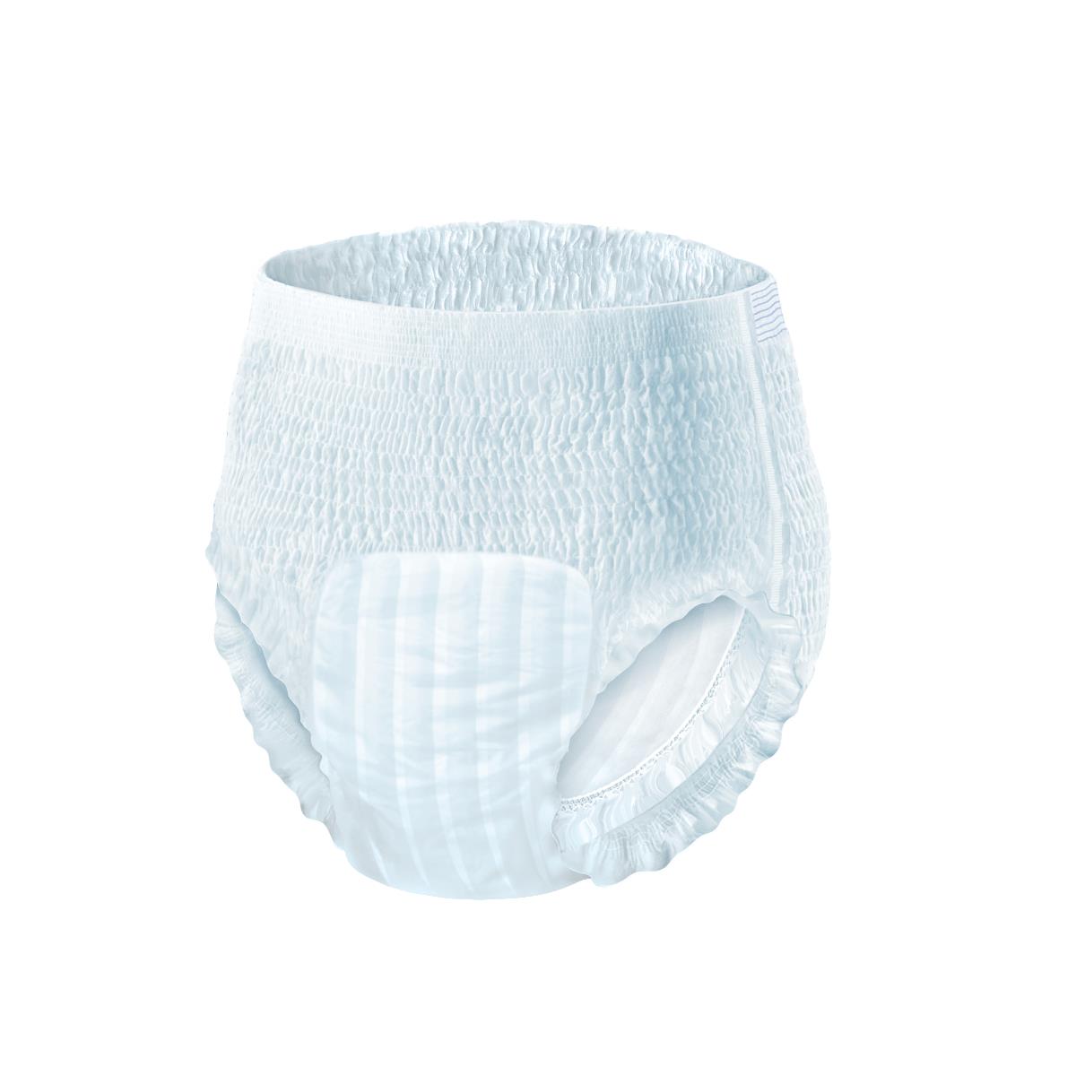 Disposable adult incontinence pull-up underwear in white with textured elastic waistband and quilted absorbent panel