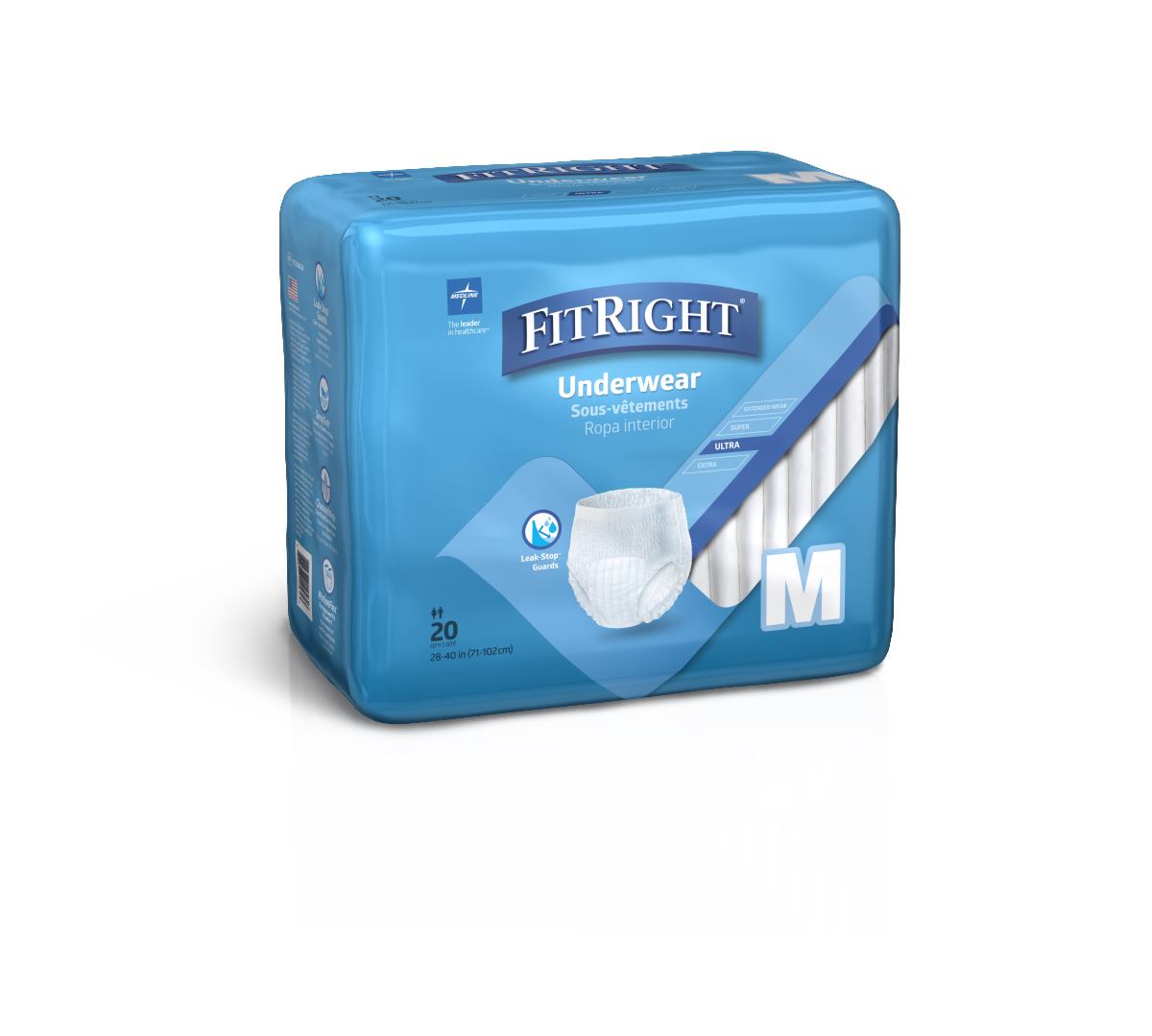 FitRight Ultra Adult Incontinence Underwear, medium size, 20-count package in blue packaging with product illustration
