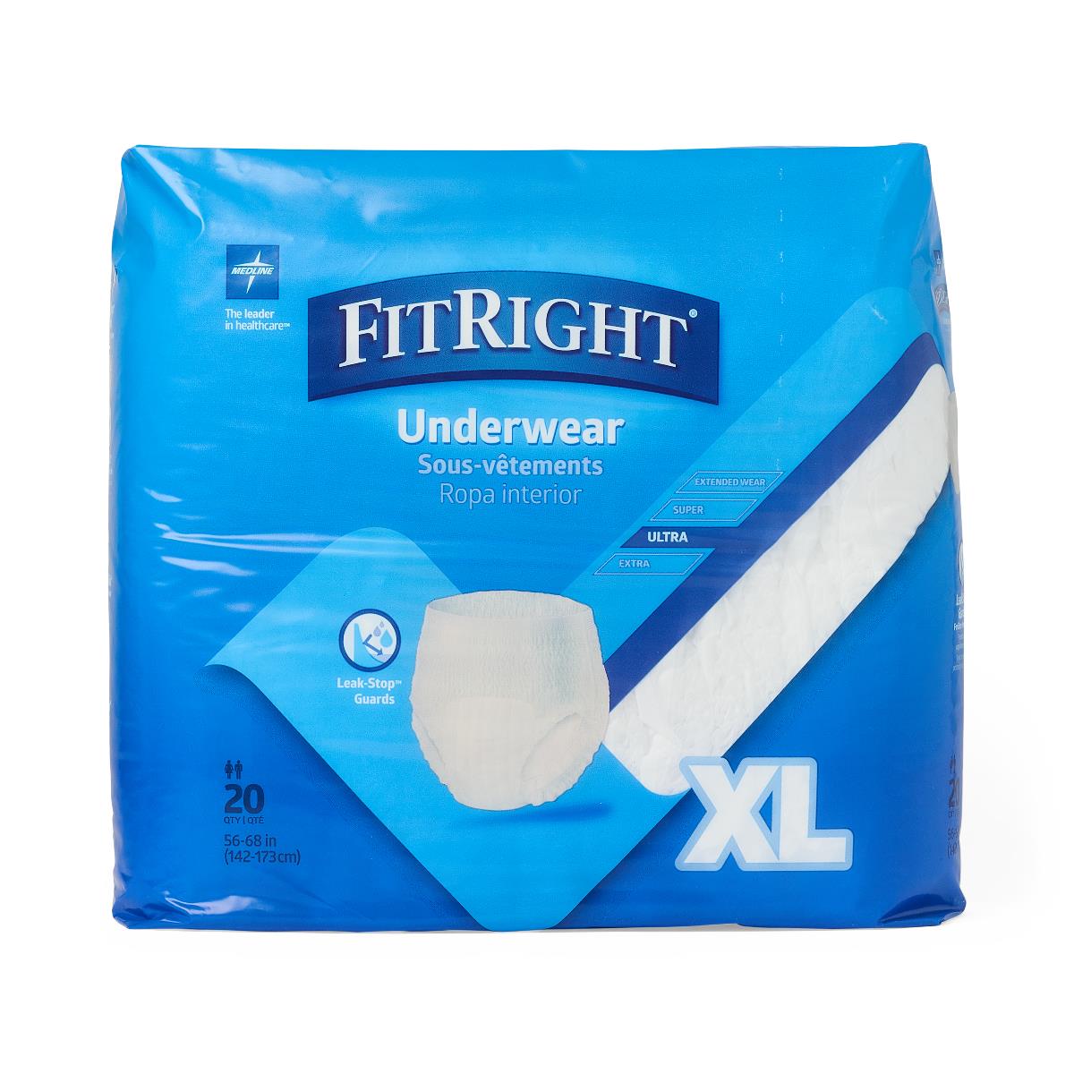 FitRight Ultra adult incontinence underwear in XL, 20-count package with blue packaging showing pull-on style brief