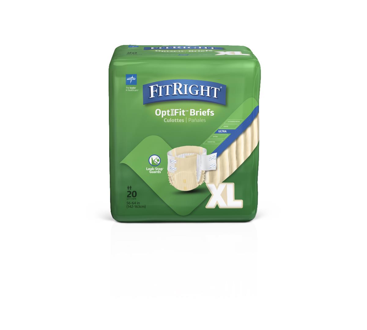 FitRight OptiFit Ultra Incontinence Briefs in green XL package, count of 20, shown on white background