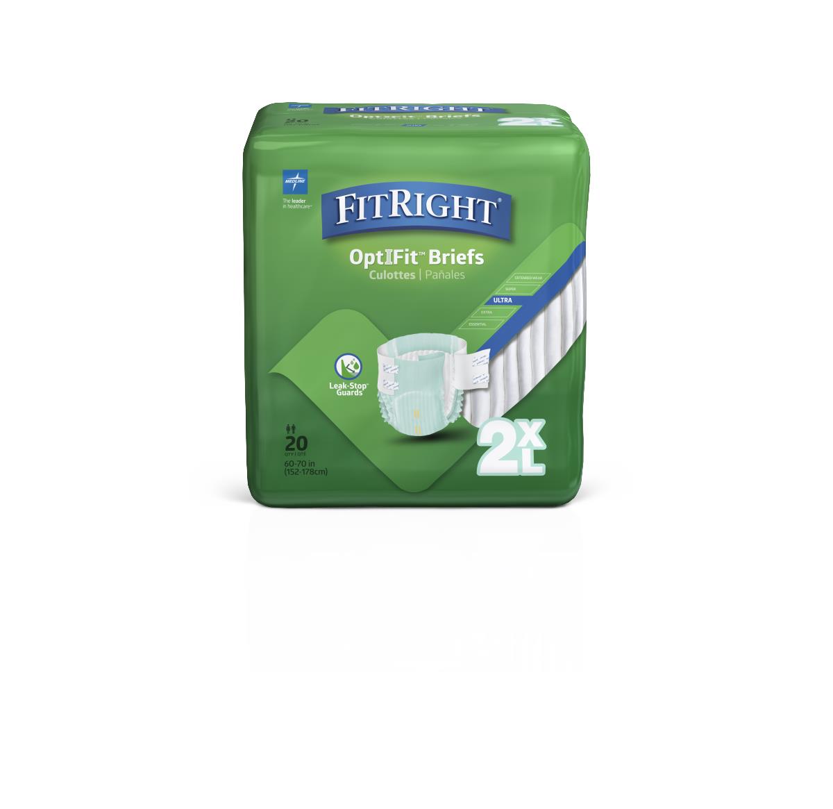FitRight OptIFit Ultra Incontinence Briefs 2XL, green plastic packaging of 20 count with brief illustration on front