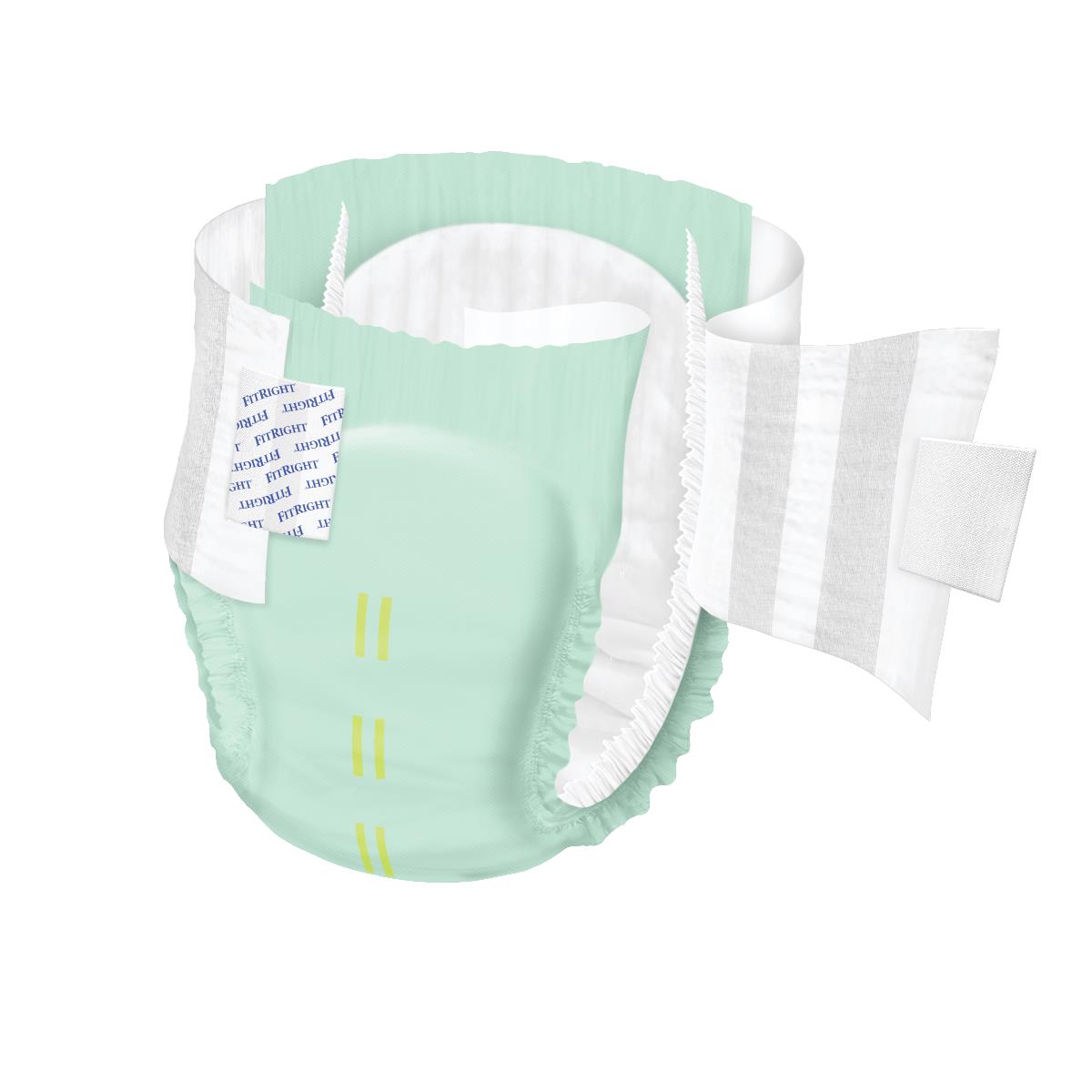 FitRight Stretch Ultra incontinence brief in mint green with hook-and-loop fastener tabs and yellow wetness indicators
