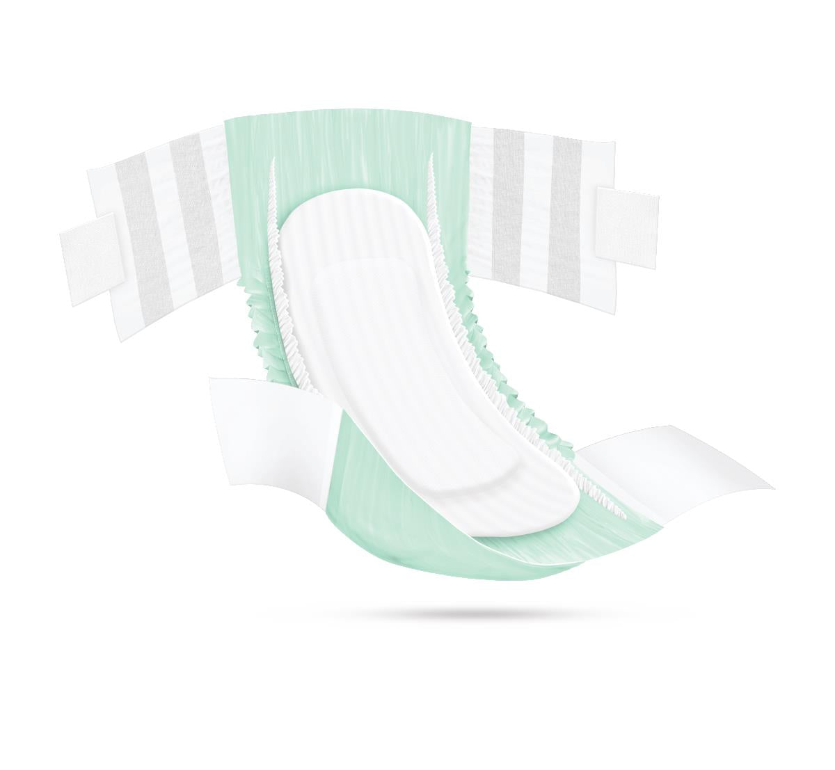 Incontinence brief in mint green and white with stretch side panels and a contoured absorbent core, shown open on white