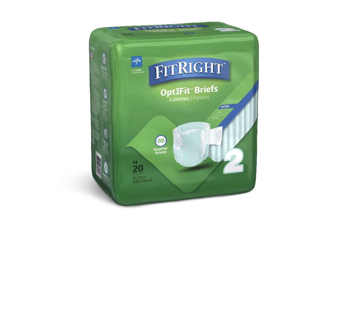 FitRight OptIFit Ultra adult incontinence briefs, size 2, green packaging, 20-count bag with brief illustration on front