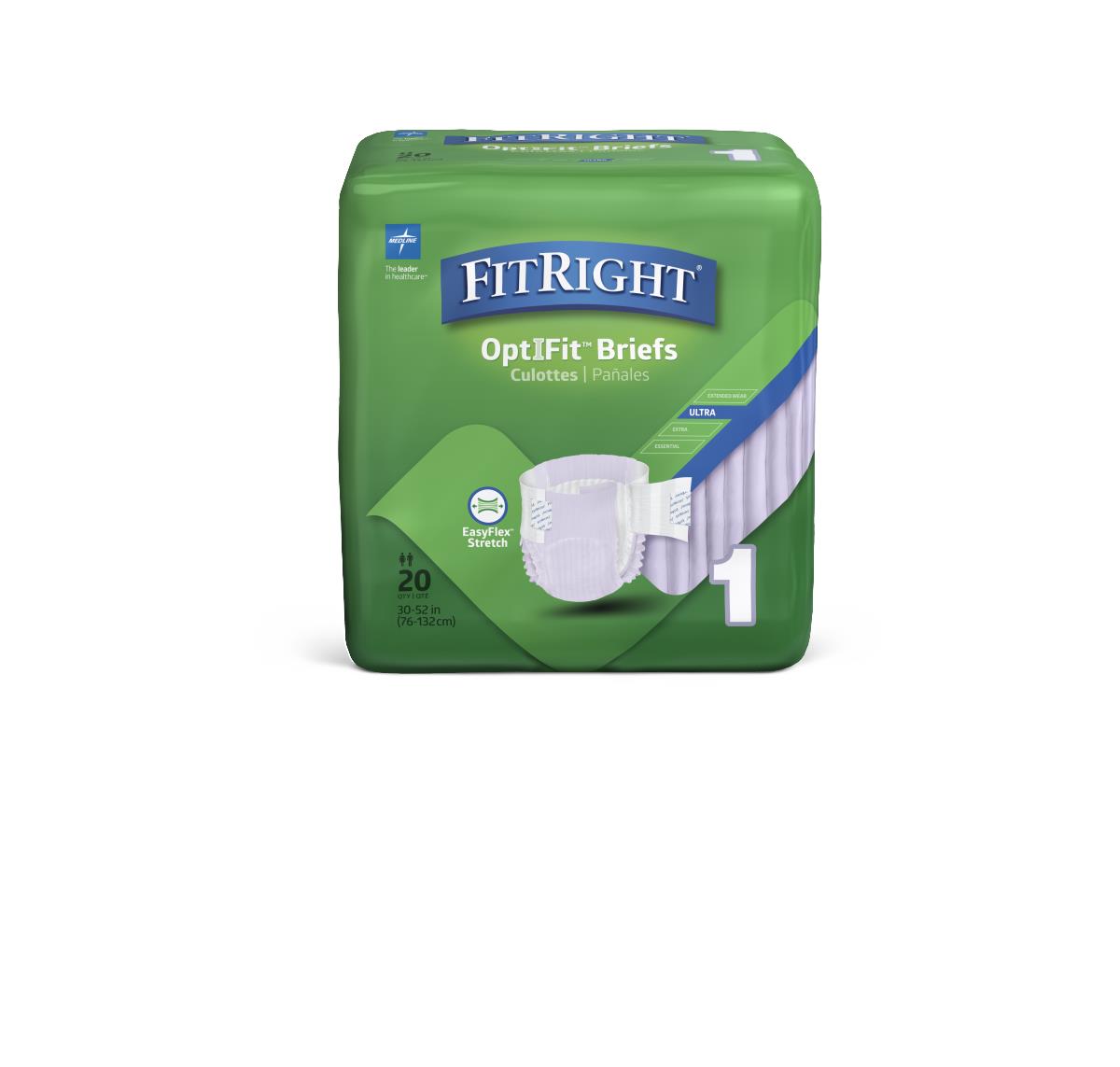 FitRight OptIFit Briefs green packaging showing 20-count adult incontinence briefs with EasyFlex Stretch feature highlighted