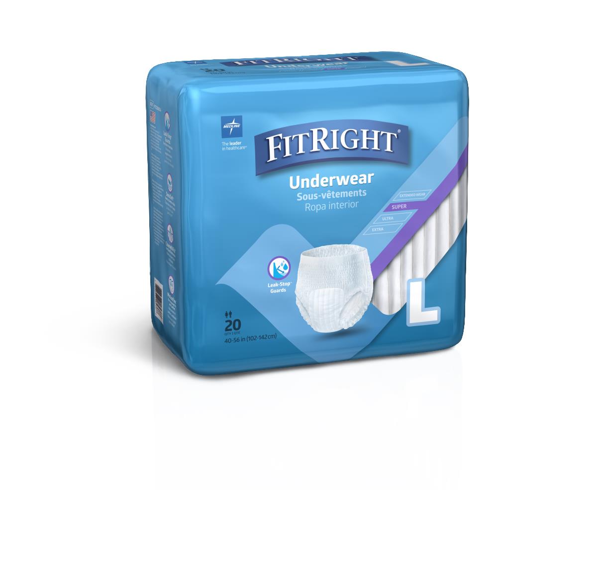 FitRight Super Protective Underwear, size large, 20-count package in blue plastic packaging