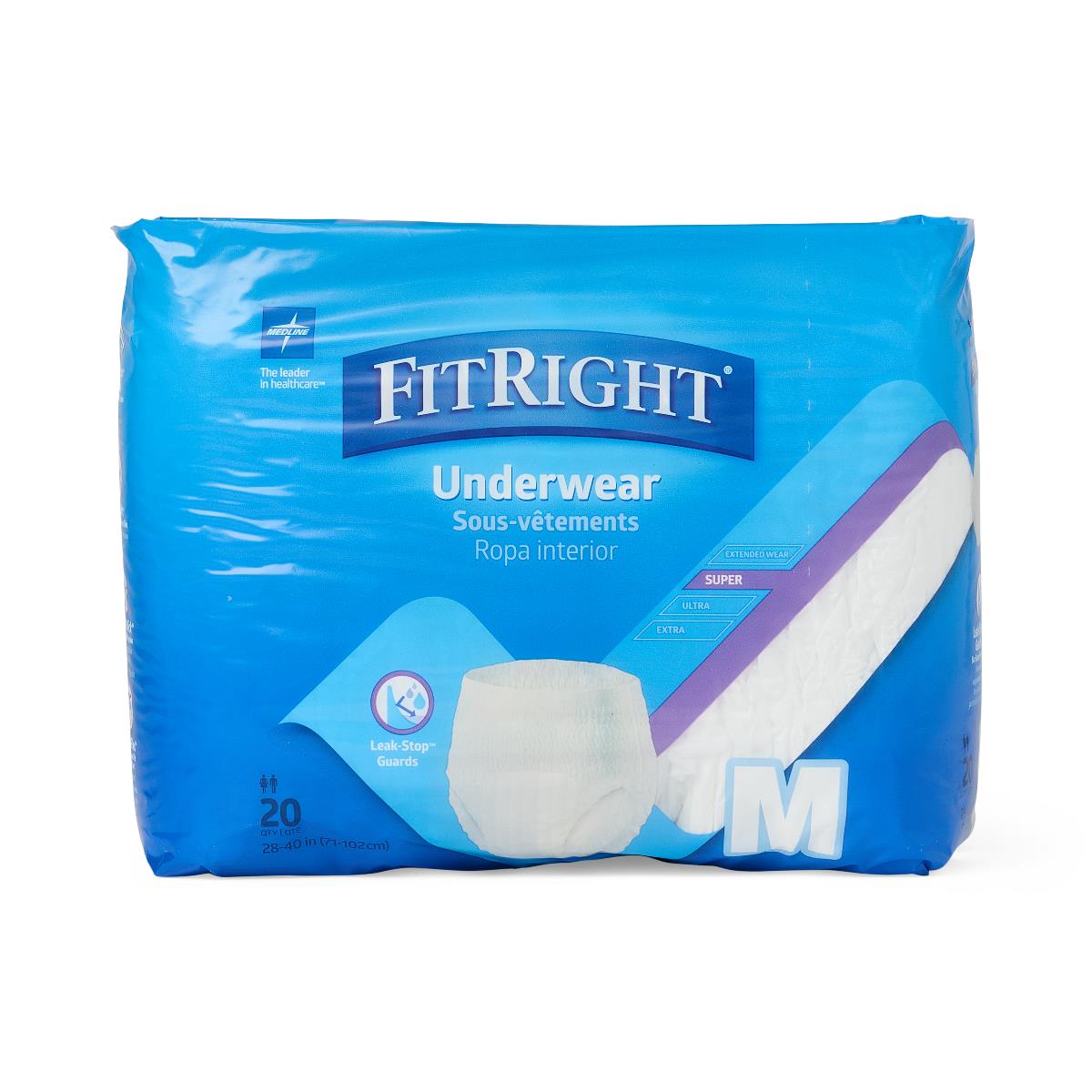 FitRight Super Protective Underwear in blue packaging, medium size, 20-count bag with product illustration on front