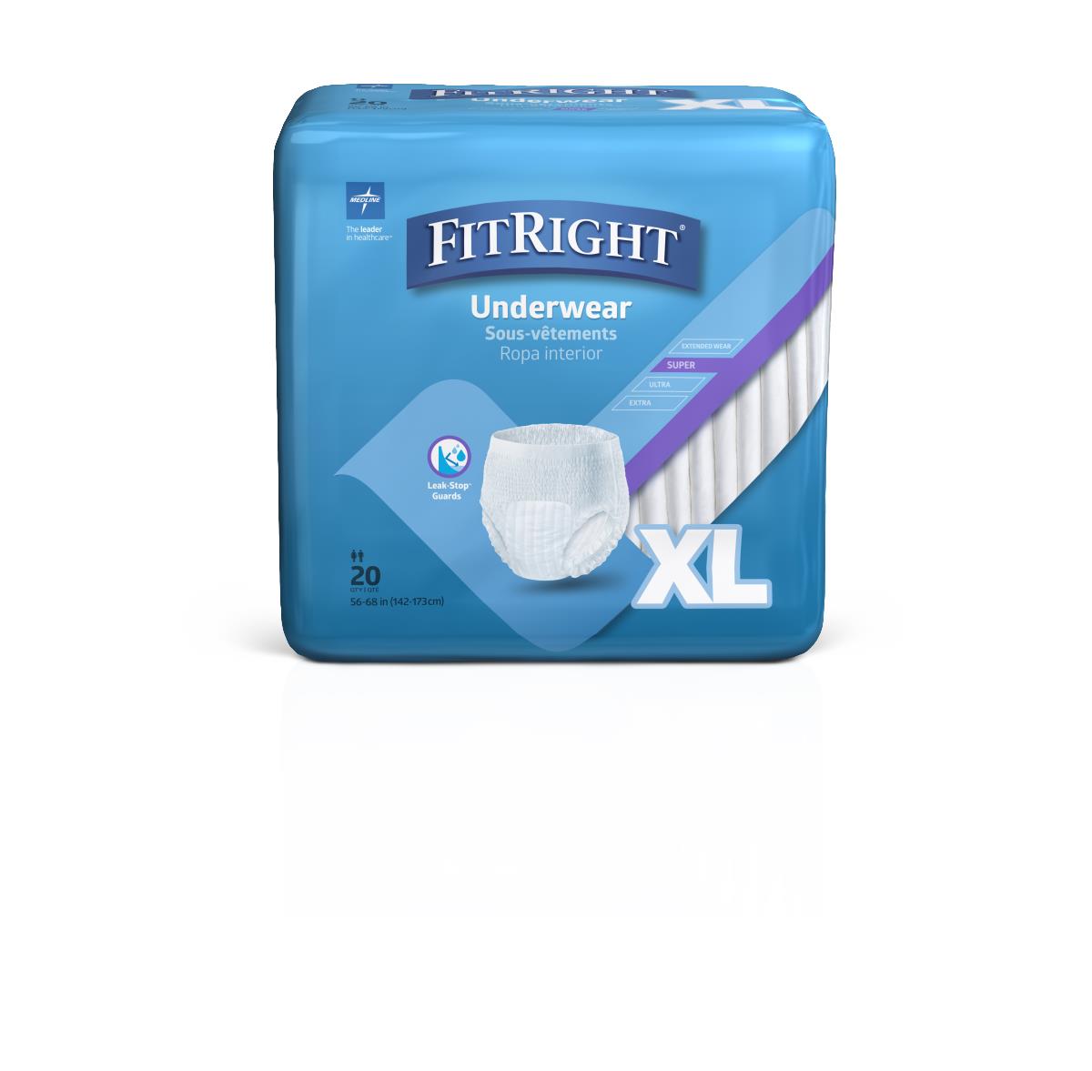 FitRight Super Protective Underwear XL in blue packaging, count of 20, with product illustration on front