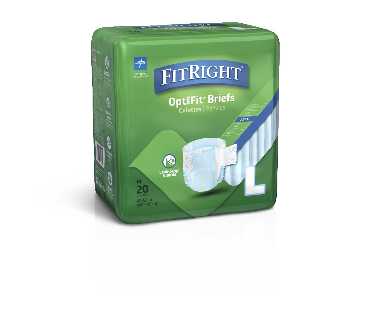 FitRight OptIFit Ultra Briefs package, size large, green bag containing 20 adult incontinence briefs