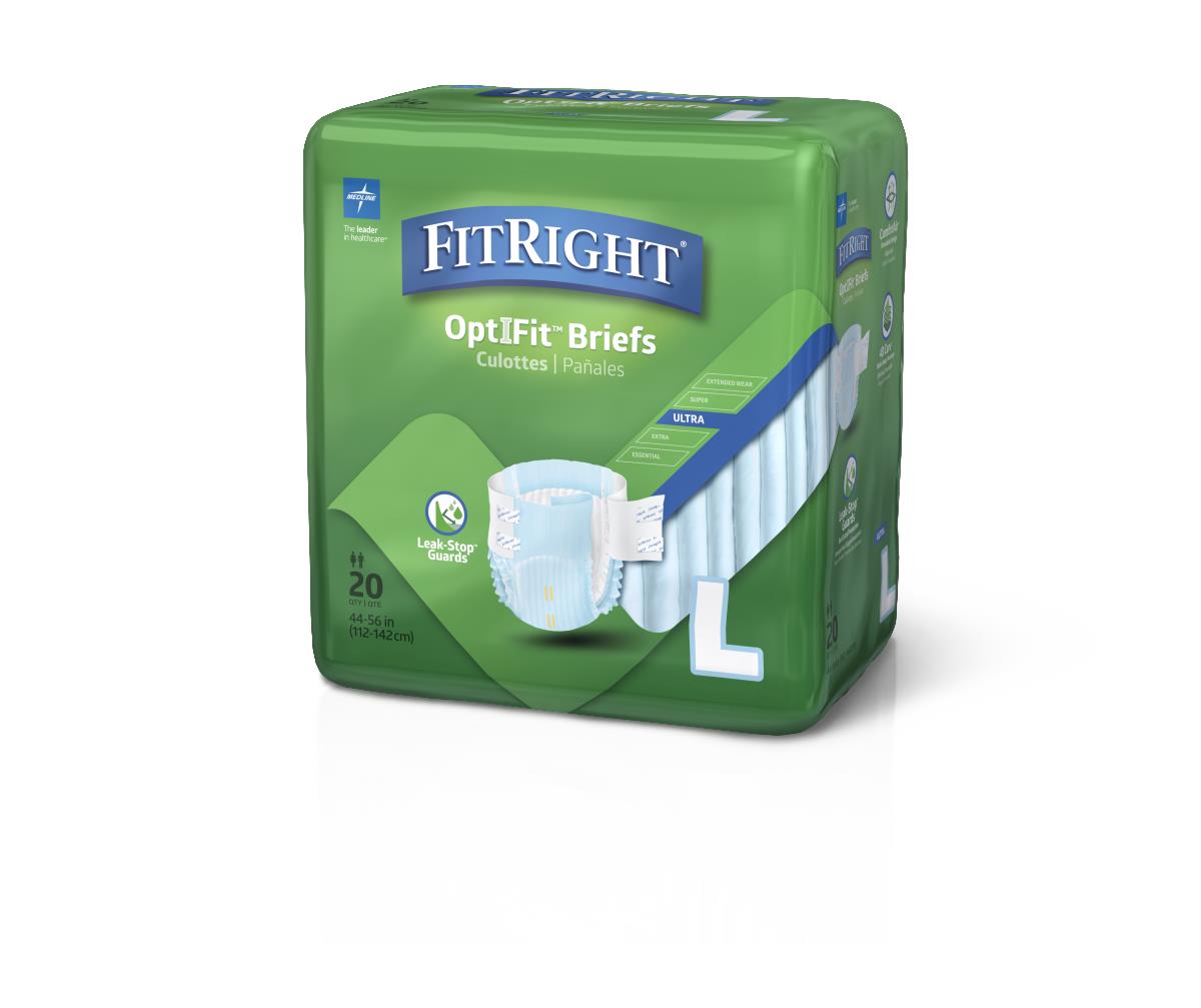 FitRight OptIFit Ultra Incontinence Briefs in green packaging, size Large, 20-count, shown on white background