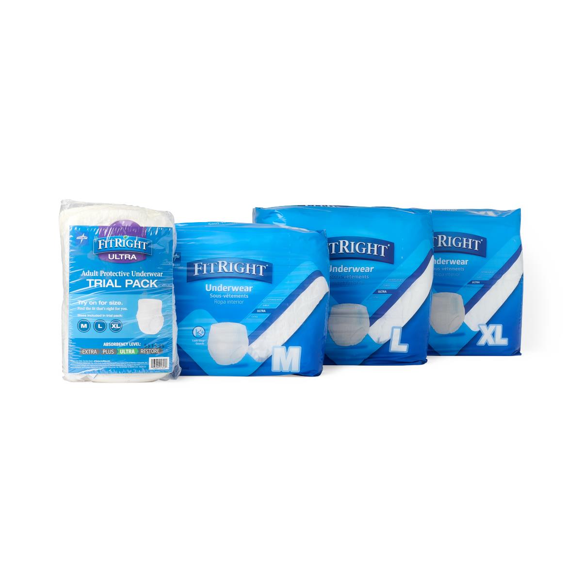 FitRight Ultra adult incontinence underwear trial pack alongside three blue packages in sizes M, L, and XL on white