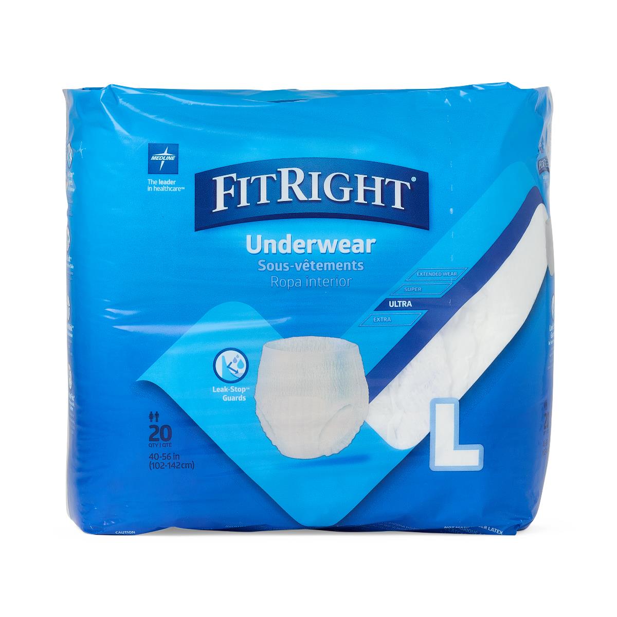 FitRight Ultra adult incontinence underwear, size large, 20-count package in blue plastic packaging